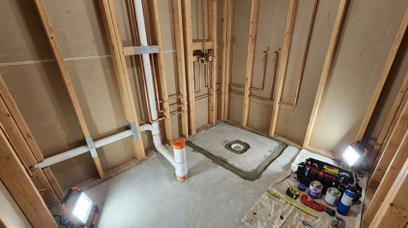 Bathroom rough-in plumbing during remodel by Johns Plumbing LLC in Porterville