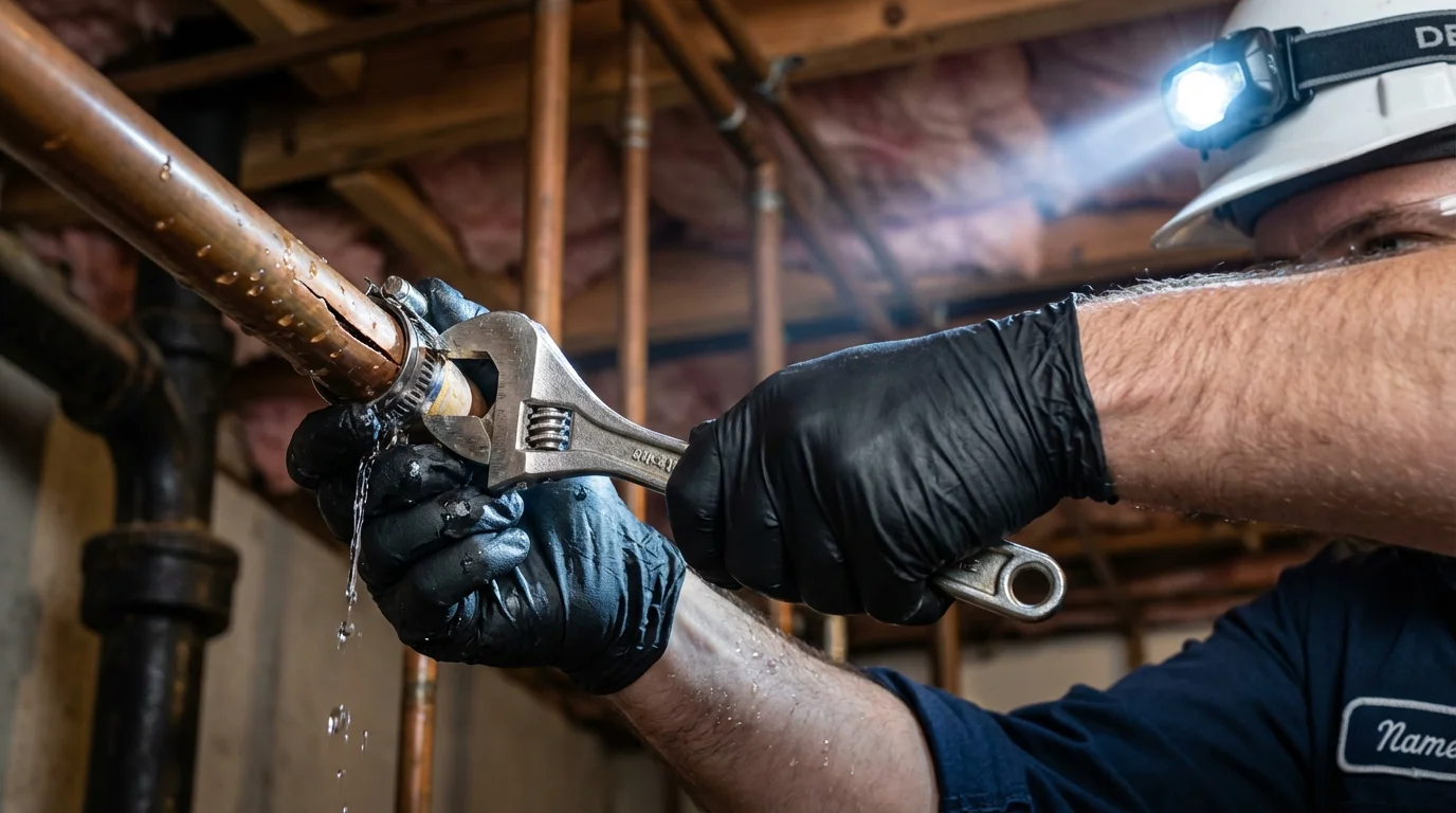 Emergency pipe clamp repair being performed by a Johns Plumbing LLC plumber in Porterville
