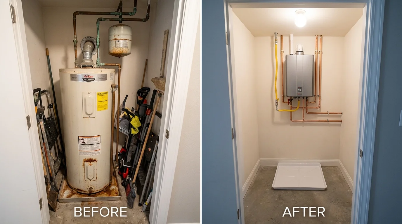 Tank water heater versus wall-mounted tankless unit comparison for Porterville, CA homeowners