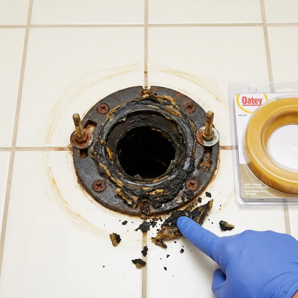 Failed wax ring showing water seepage at the base of a toilet in a Porterville, CA home